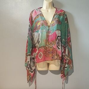 Zero Zero Woman Boho Paisley V-Neck Cinched Tie Sides Blouse - Pink & Teal
